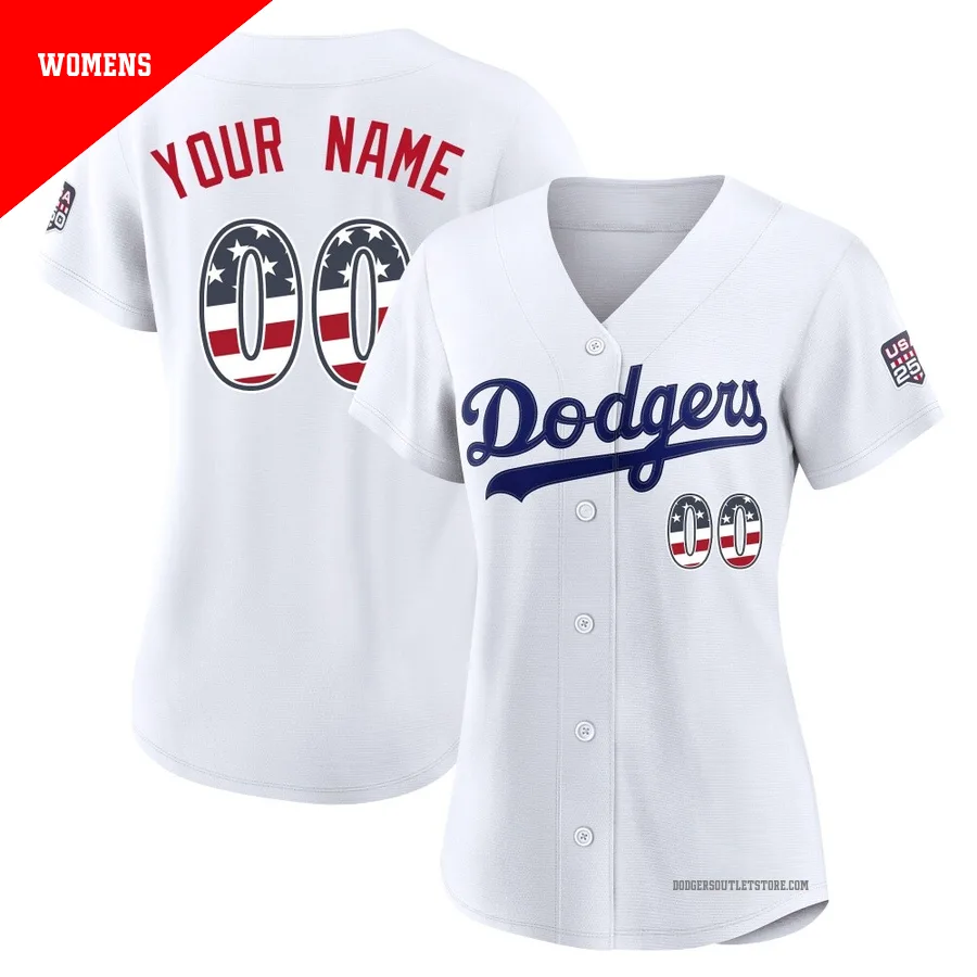 Los Angeles Dodgers ＃00 Custom Women's White Limited USA 250 Fourth Of July Home Stadium Jersey