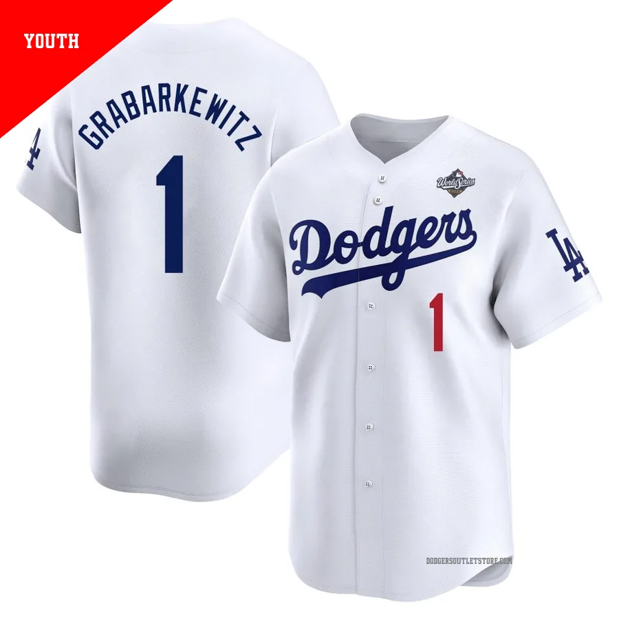 Los Angeles Dodgers ＃1 Billy Grabarkewitz Youth White Limited Home 2025 World Series Jersey