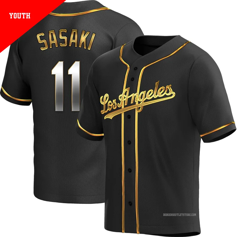 Los Angeles Dodgers ＃11 Roki Sasaki Youth Gold Replica Black en Alternate Jersey