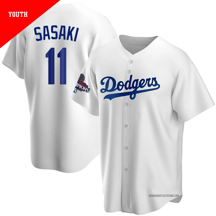 Los Angeles Dodgers ＃11 Roki Sasaki Youth White Replica Home 2024 World Series Champions Jersey