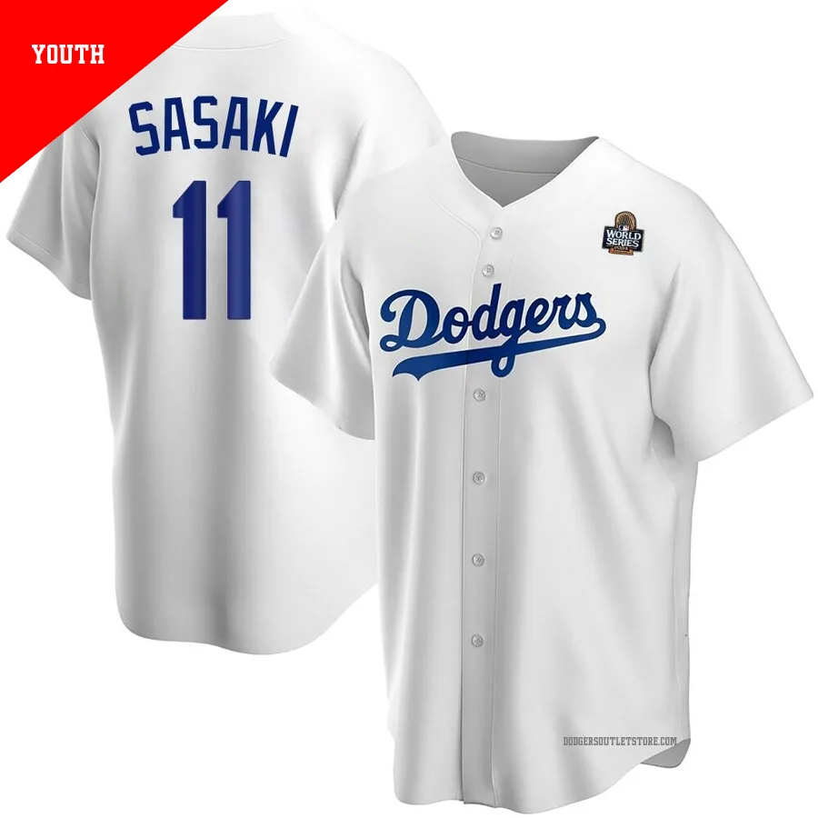 Los Angeles Dodgers ＃11 Roki Sasaki Youth White Replica Home 2024 World Series Jersey