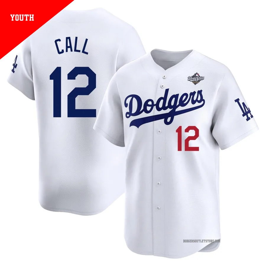 Los Angeles Dodgers ＃12 Alex Call Youth White Limited Home 2025 World Series Jersey