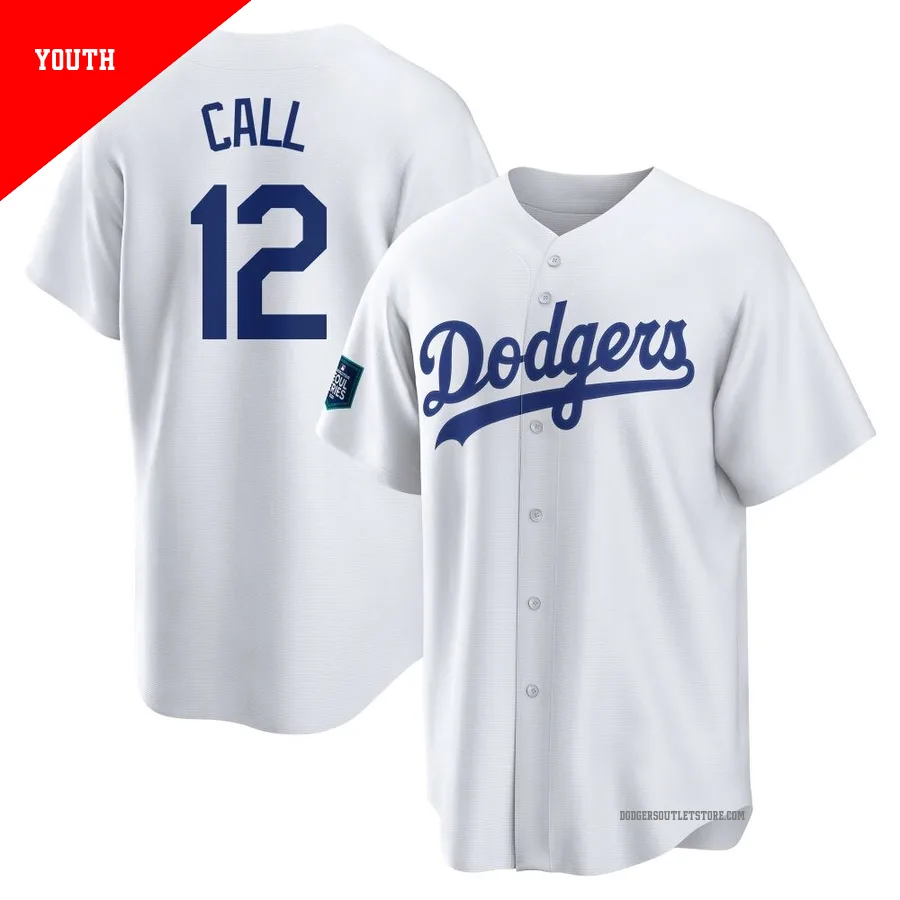 Los Angeles Dodgers ＃12 Alex Call Youth White Replica 2024 World Tour Seoul Series Home Jersey