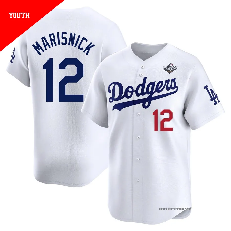 Los Angeles Dodgers ＃12 Jake Marisnick Youth White Limited Home 2025 World Series Jersey