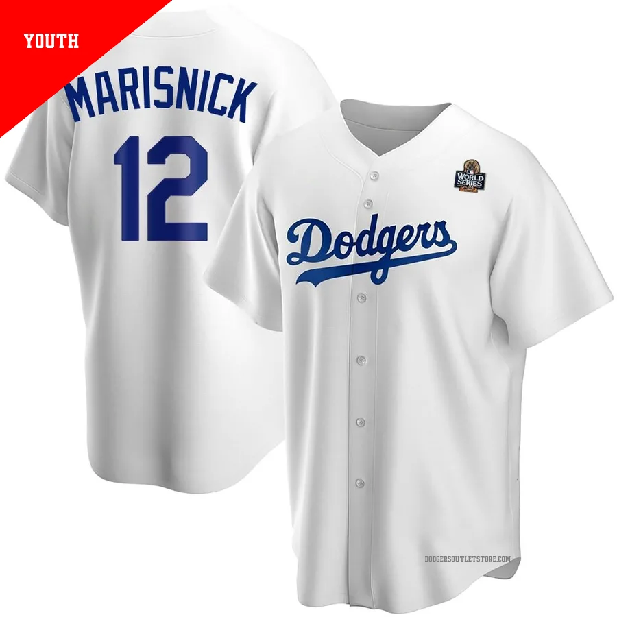 Los Angeles Dodgers ＃12 Jake Marisnick Youth White Replica Home 2024 World Series Jersey