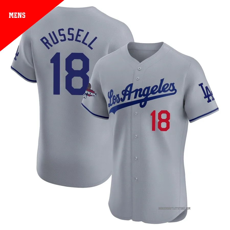 Los Angeles Dodgers ＃18 Bill Russell Men's Gray Elite Road World Series Champions Jersey