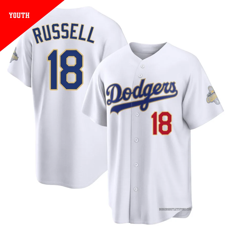 Los Angeles Dodgers ＃18 Bill Russell Youth Gold Limited White 2026 Collection Stadium Jersey