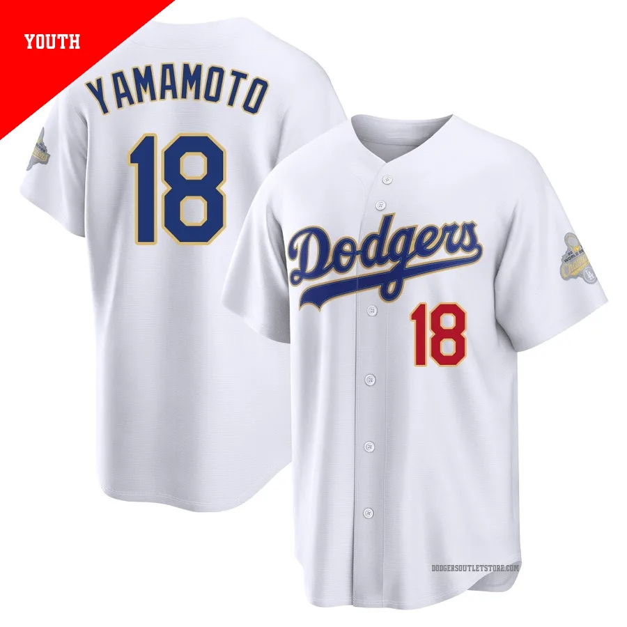Los Angeles Dodgers ＃18 Yoshinobu Yamamoto Youth Gold Limited White 2026 Collection Stadium Jersey