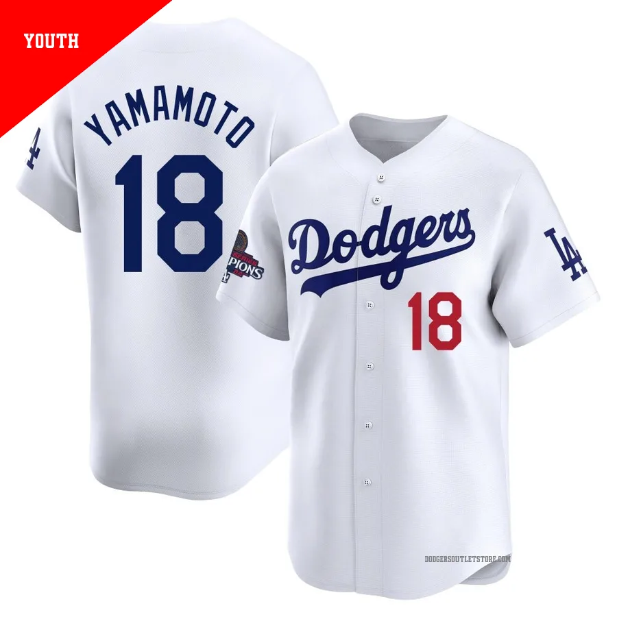 Los Angeles Dodgers ＃18 Yoshinobu Yamamoto Youth White Limited Home 2024 World Series Champions Jersey