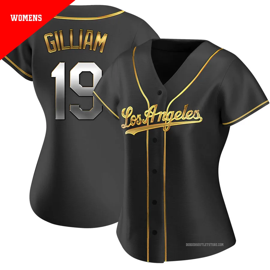 Los Angeles Dodgers ＃19 Jim Gilliam Women's Gold Replica Black en Alternate Jersey