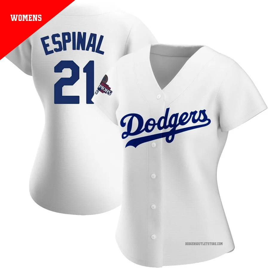 Los Angeles Dodgers ＃21 Santiago Espinal Women's White Replica Home 2024 World Series Champions Jersey