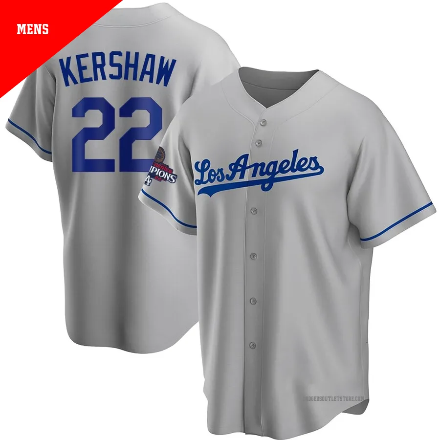 Los Angeles Dodgers ＃22 Clayton Kershaw Men's Gray Replica Road 2024 World Series Champions Jersey