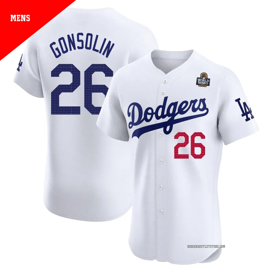 Los Angeles Dodgers ＃26 Tony Gonsolin Men's White Elite Home 2024 World Series Jersey