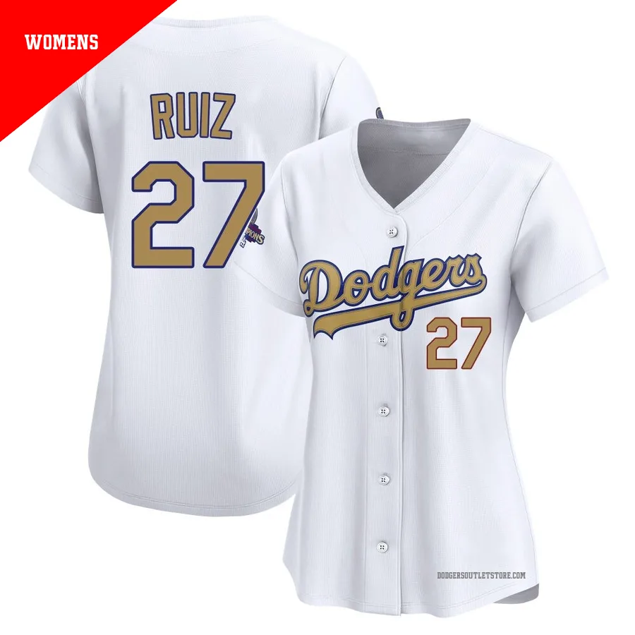 Los Angeles Dodgers ＃27 Esteury Ruiz Women's Gold Limited White 2025 Collection Jersey
