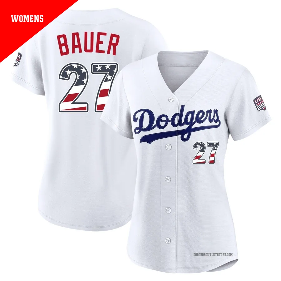 Los Angeles Dodgers ＃27 Trevor Bauer Women's White Limited USA 250 Fourth Of July Home Stadium Jersey