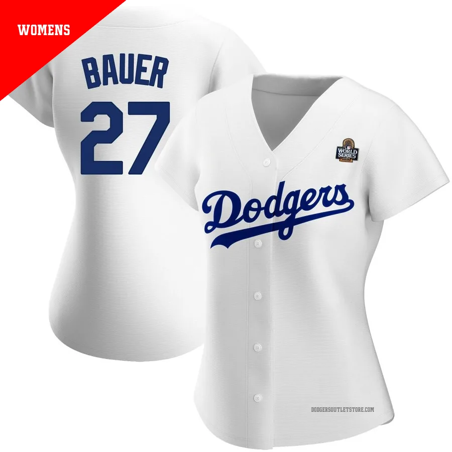 Los Angeles Dodgers ＃27 Trevor Bauer Women's White Replica Home 2024 World Series Jersey