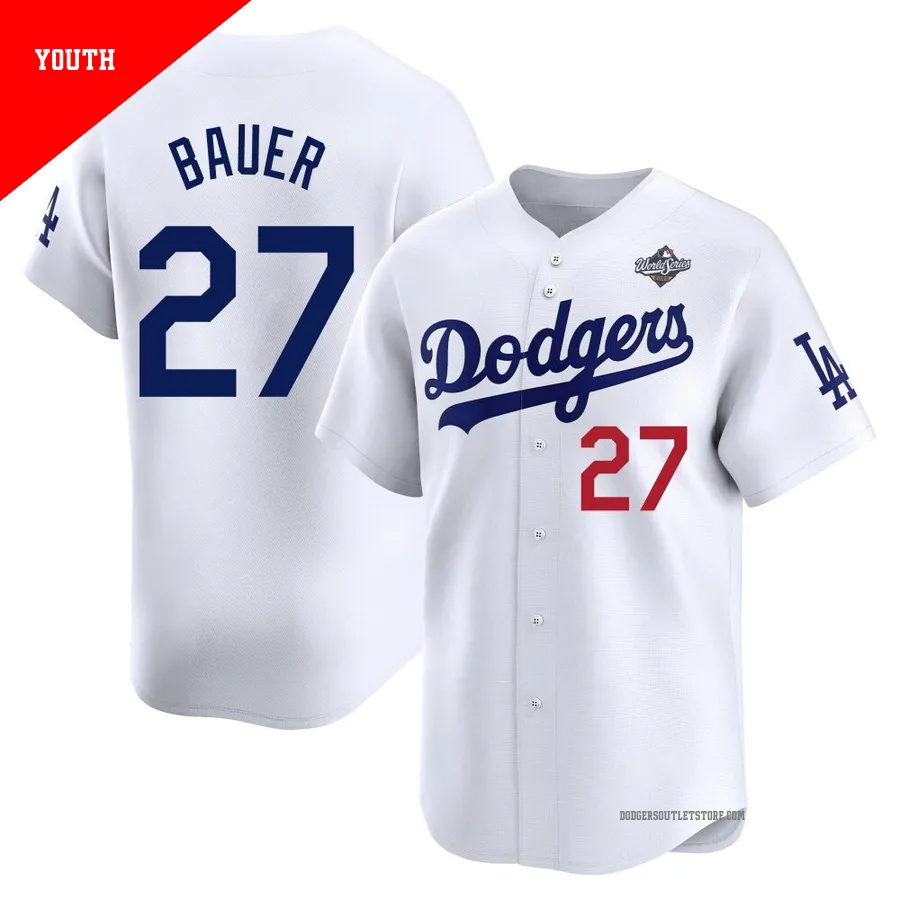 Los Angeles Dodgers ＃27 Trevor Bauer Youth White Limited Home 2025 World Series Jersey