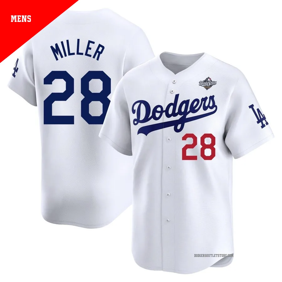 Los Angeles Dodgers ＃28 Bobby Miller Men's White Limited Home 2025 World Series Jersey