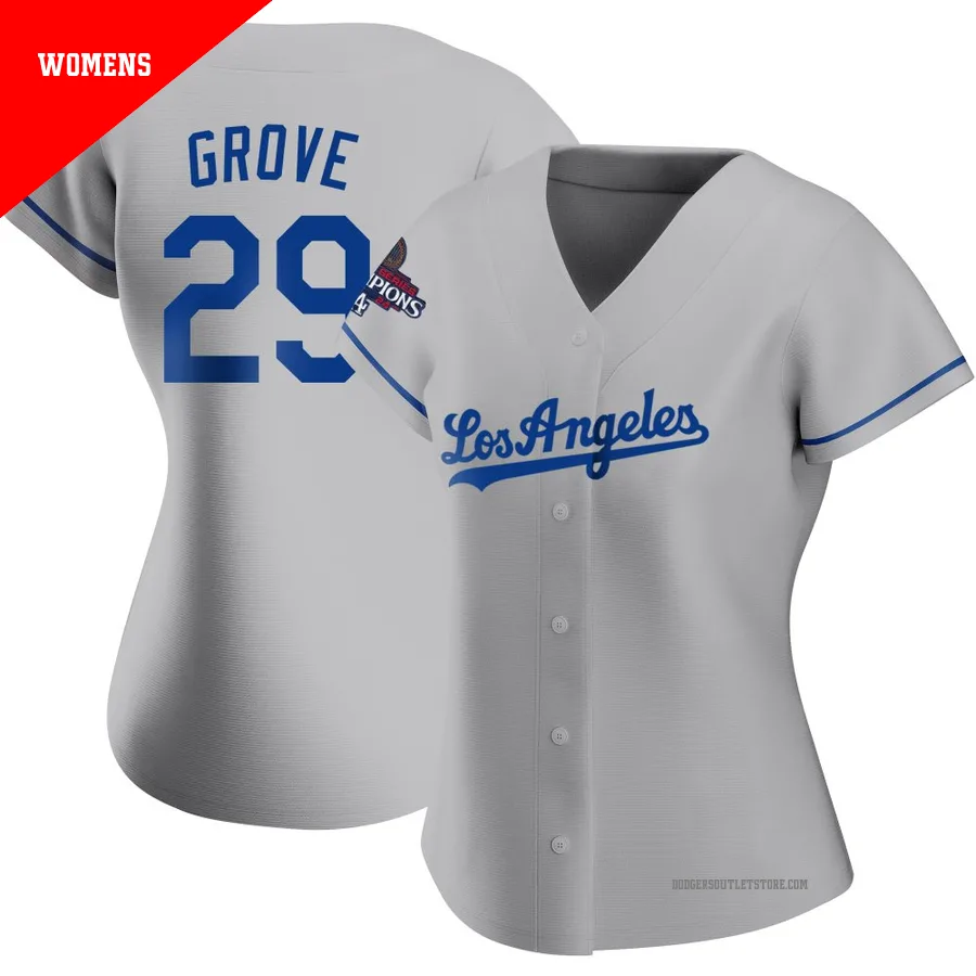 Los Angeles Dodgers ＃29 Michael Grove Women's Gray Replica Road 2024 World Series Champions Jersey