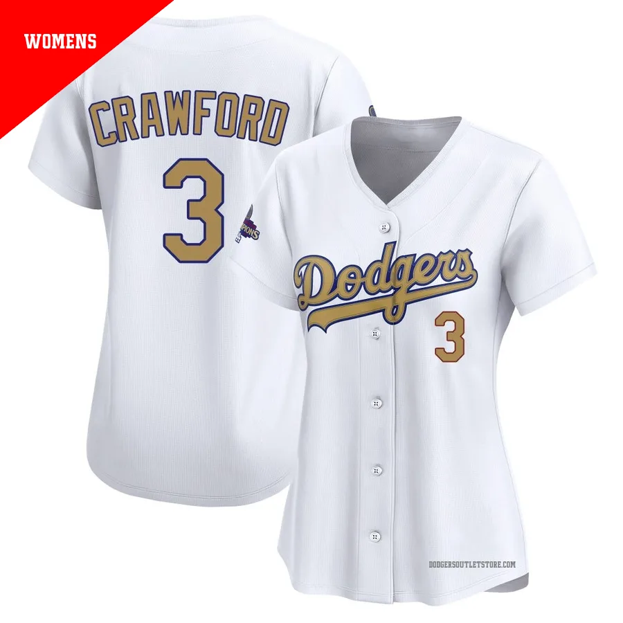 Los Angeles Dodgers ＃3 Carl Crawford Women's Gold Limited White 2025 Collection Jersey