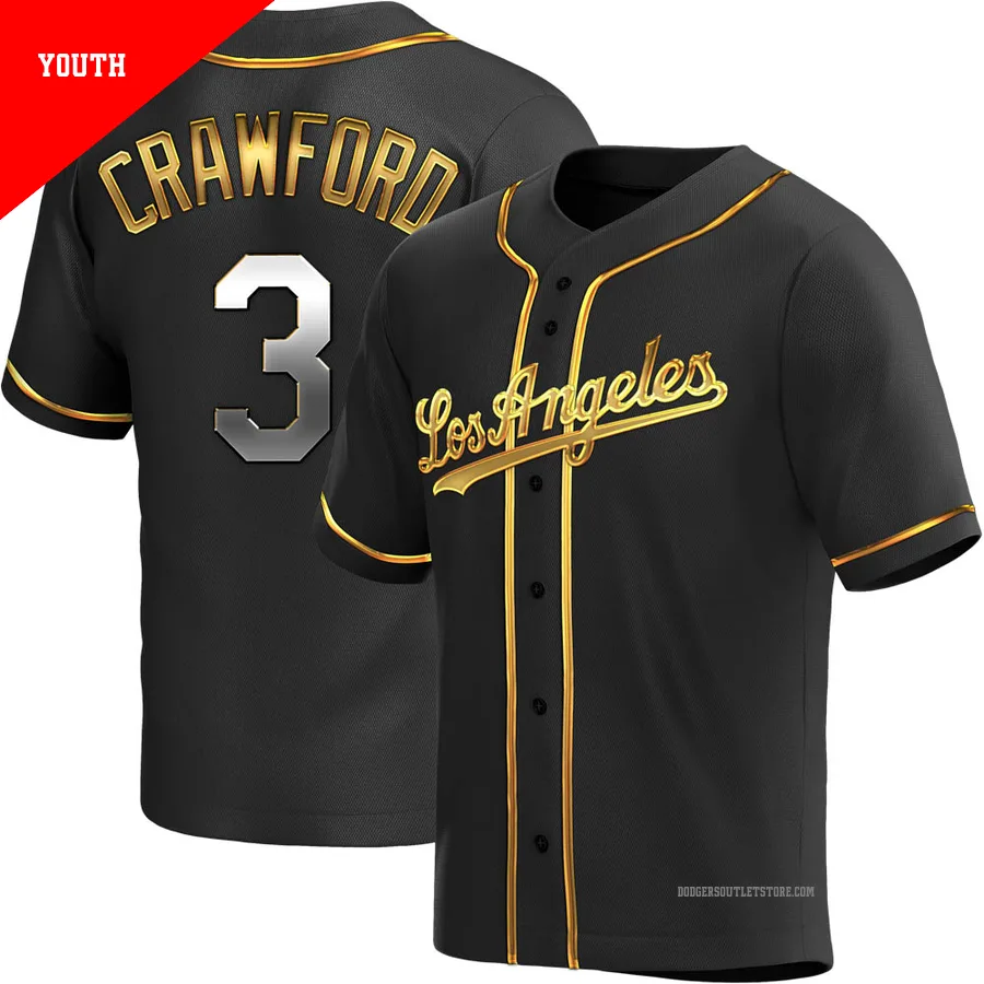 Los Angeles Dodgers ＃3 Carl Crawford Youth Gold Replica Black en Alternate Jersey