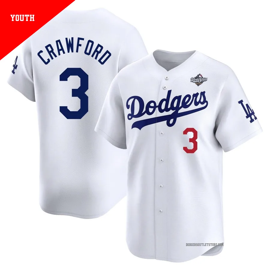 Los Angeles Dodgers ＃3 Carl Crawford Youth White Limited Home 2025 World Series Jersey