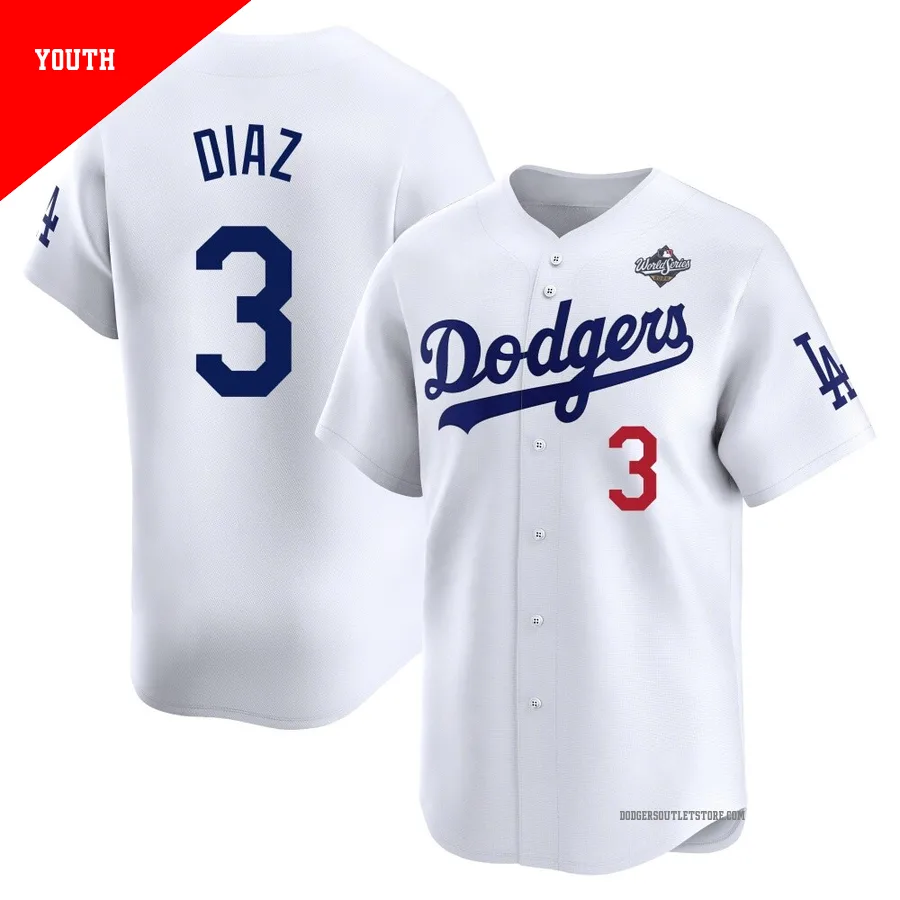 Los Angeles Dodgers ＃3 Edwin Diaz Youth White Limited Home 2025 World Series Jersey