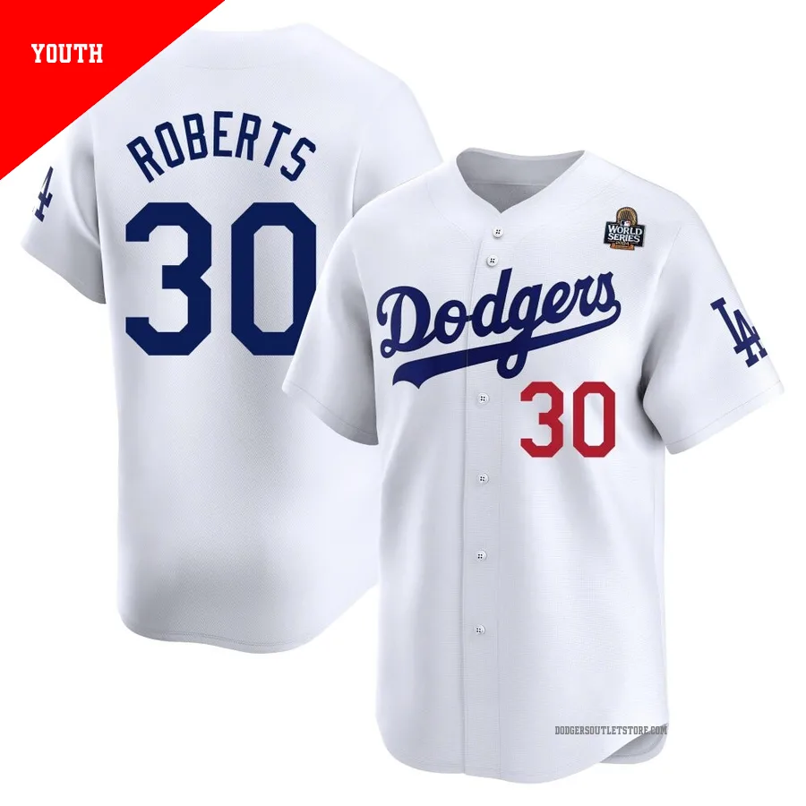 Los Angeles Dodgers ＃30 Dave Roberts Youth White Limited Home 2024 World Series Jersey