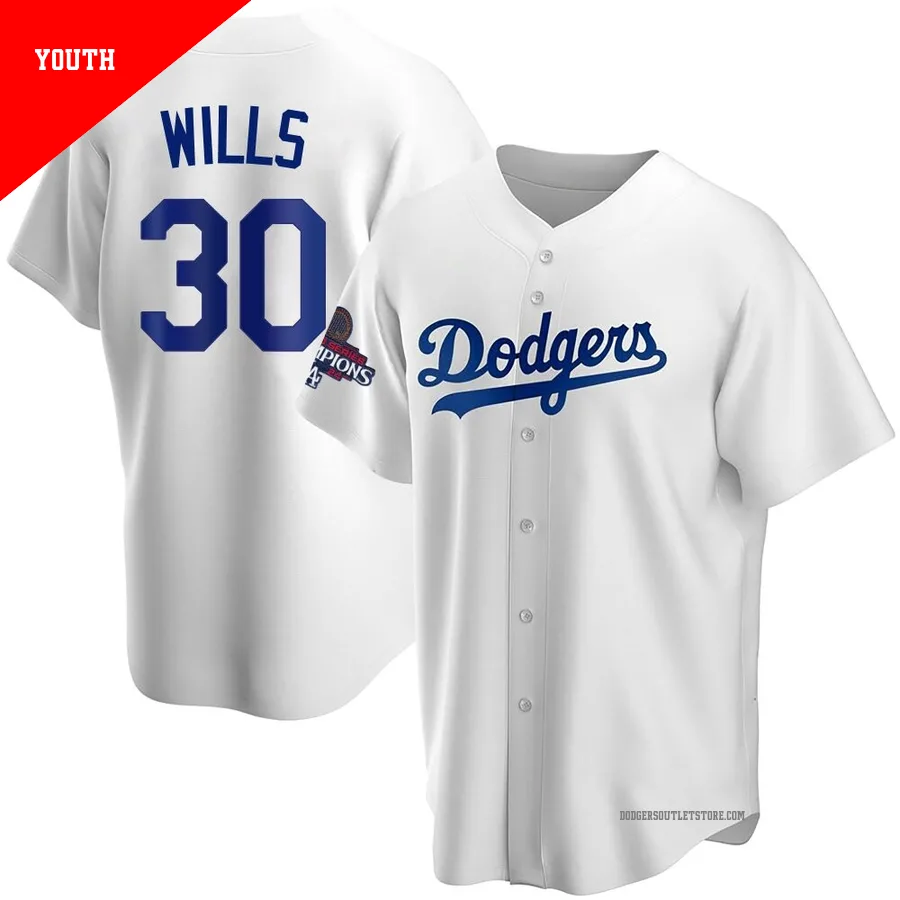 Los Angeles Dodgers ＃30 Maury Wills Youth White Replica Home 2024 World Series Champions Jersey