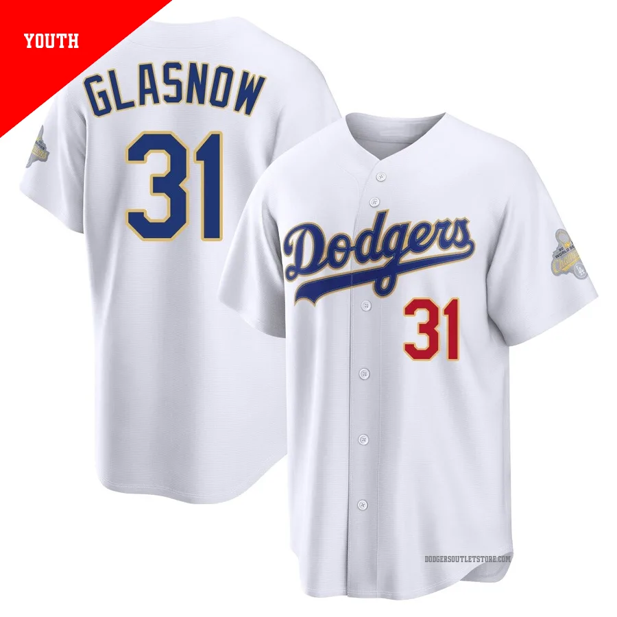 Los Angeles Dodgers ＃31 Tyler Glasnow Youth Gold Limited White 2026 Collection Stadium Jersey