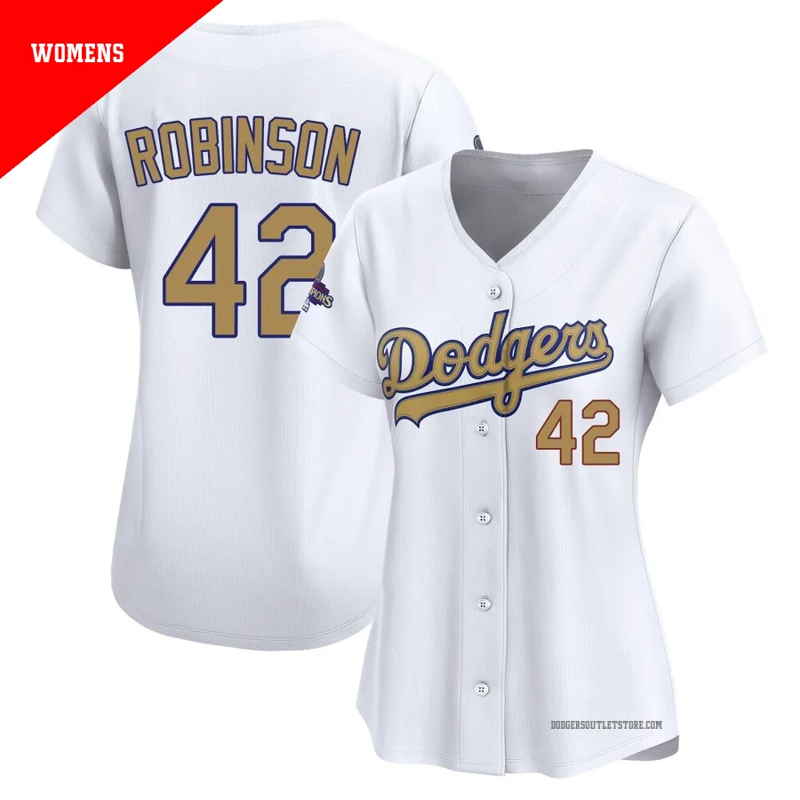 Los Angeles Dodgers ＃42 Jackie Robinson Women's Gold Limited White 2025 Collection Jersey