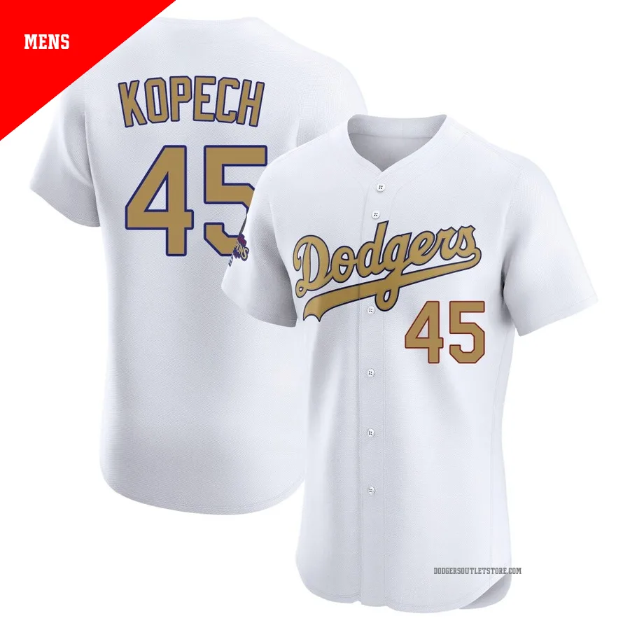 Los Angeles Dodgers ＃45 Michael Kopech Men's Gold Elite White 2025 Collection Jersey