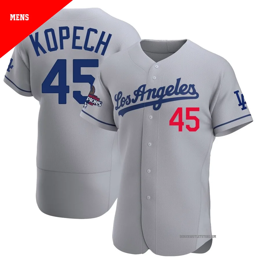 Los Angeles Dodgers ＃45 Michael Kopech Men's Gray Authentic Away Official 2024 World Series Champions Jersey
