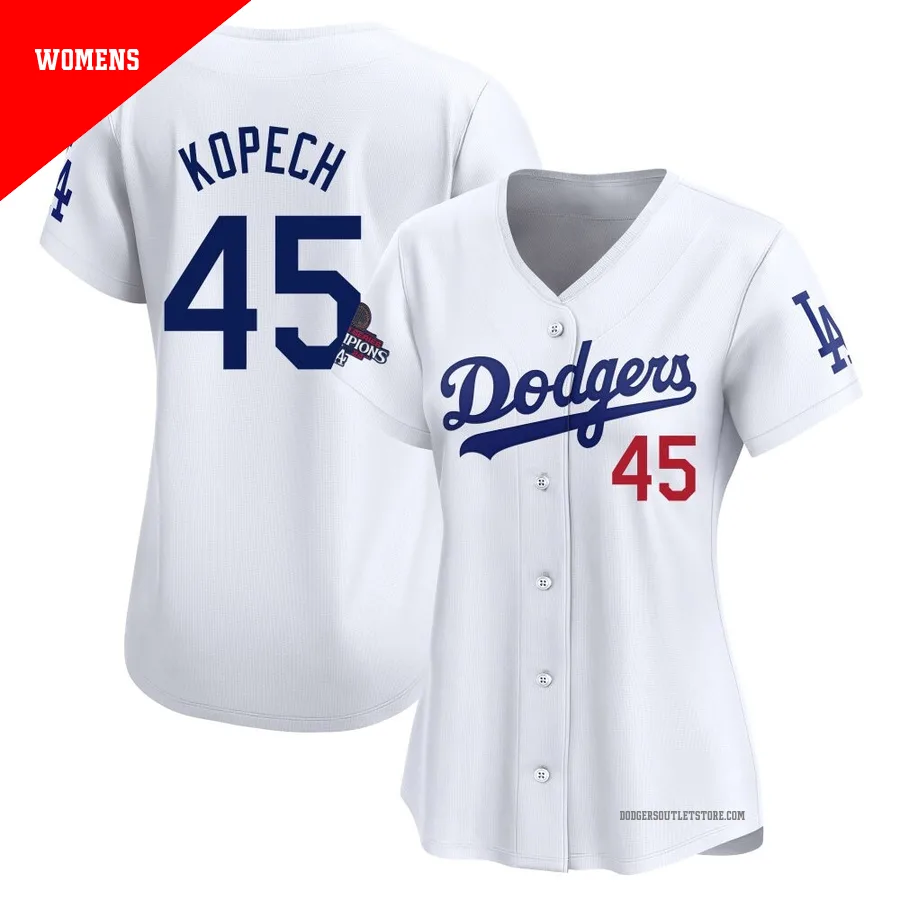 Los Angeles Dodgers ＃45 Michael Kopech Women's White Limited Home 2024 World Series Champions Jersey