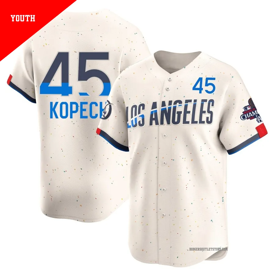 Los Angeles Dodgers ＃45 Michael Kopech Youth Cream Limited 2024 City Connect World Series Champions Jersey