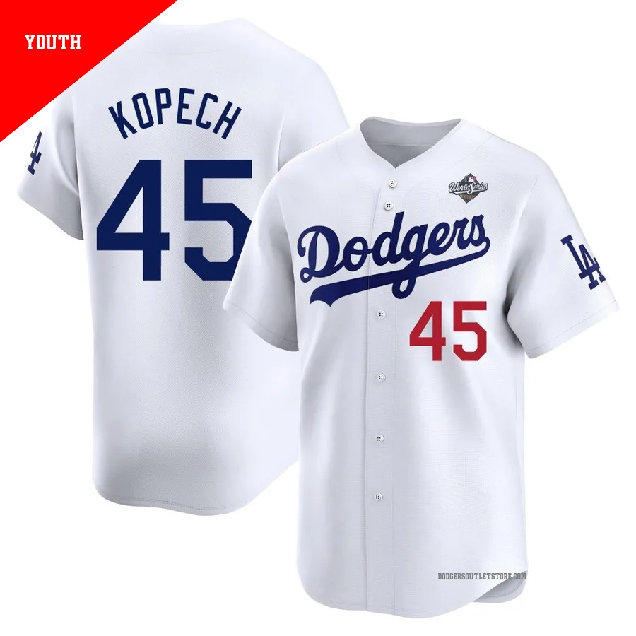 Los Angeles Dodgers ＃45 Michael Kopech Youth White Limited Home 2025 World Series Jersey
