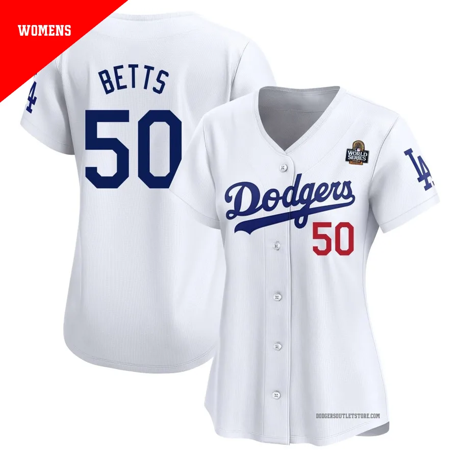Los Angeles Dodgers ＃50 Mookie Betts Women's White Limited Home 2024 World Series Jersey