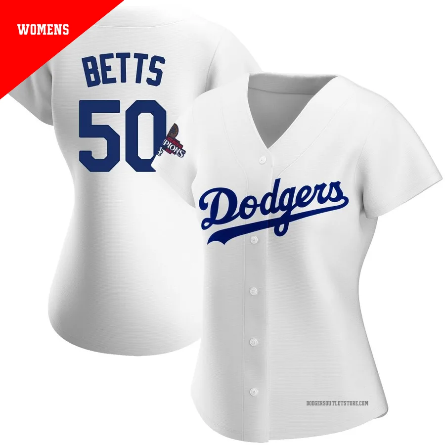 Los Angeles Dodgers ＃50 Mookie Betts Women's White Replica Home 2024 World Series Champions Jersey