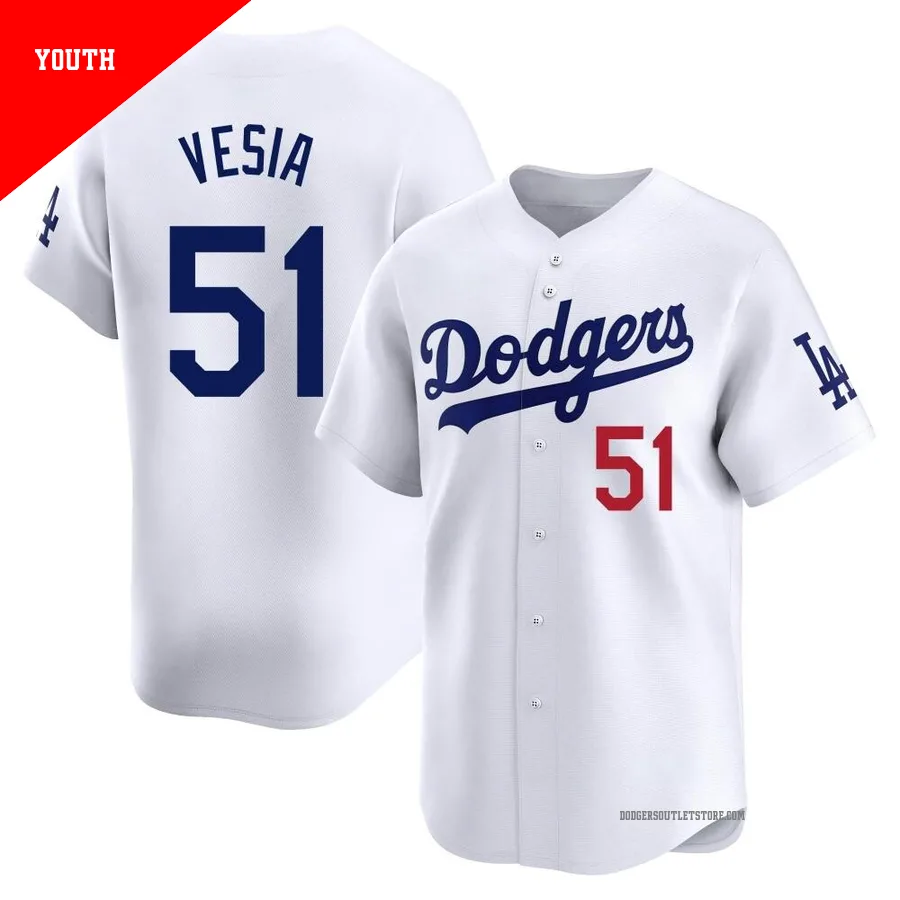 Los Angeles Dodgers ＃51 Alex Vesia Youth White Limited Home Jersey