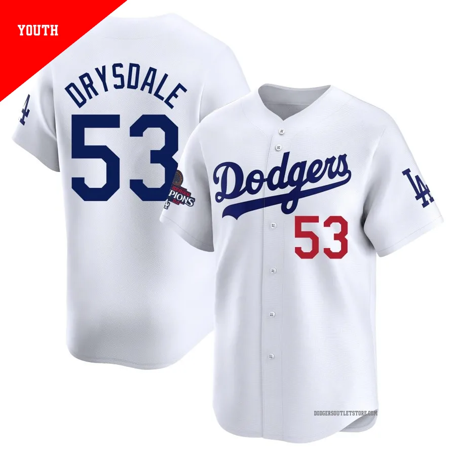 Los Angeles Dodgers ＃53 Don Drysdale Youth White Limited Home 2024 World Series Champions Jersey