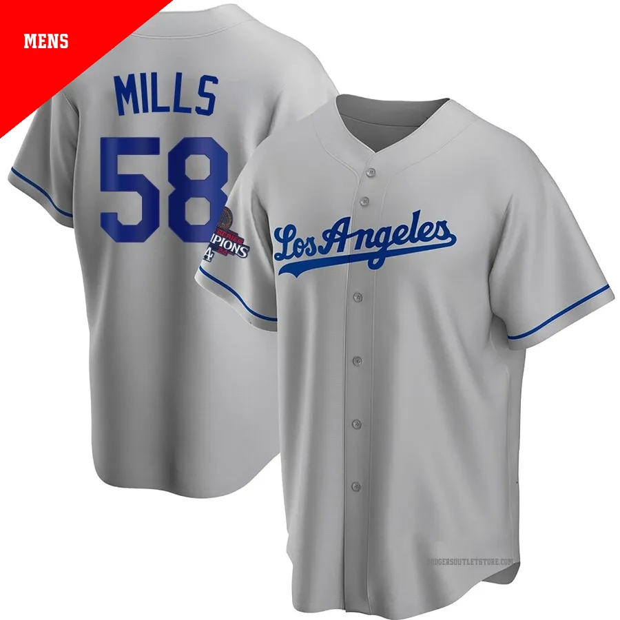 Los Angeles Dodgers ＃58 Wyatt Mills Men's Gray Replica Road 2024 World Series Champions Jersey