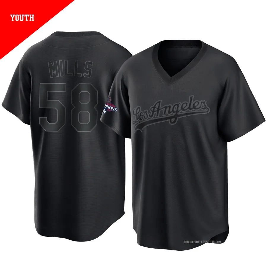 Los Angeles Dodgers ＃58 Wyatt Mills Youth Black Replica Pitch Fashion 2024 World Series Champions Jersey
