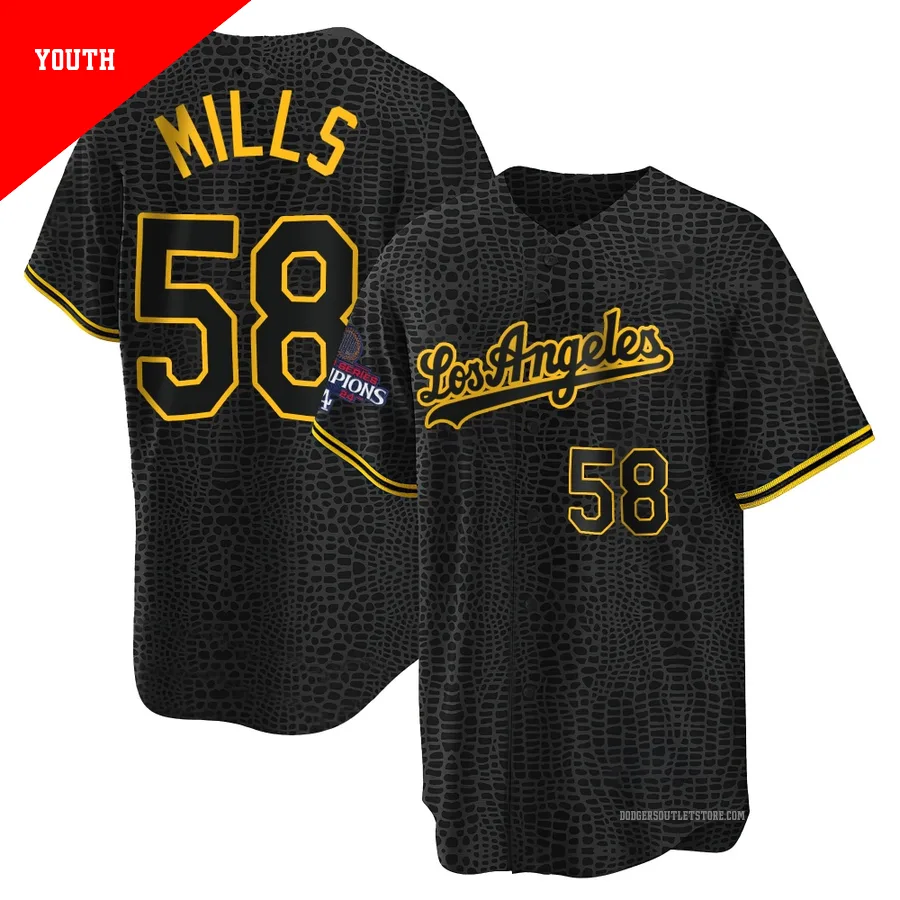 Los Angeles Dodgers ＃58 Wyatt Mills Youth Black Replica Snake Skin City 2024 World Series Champions Jersey