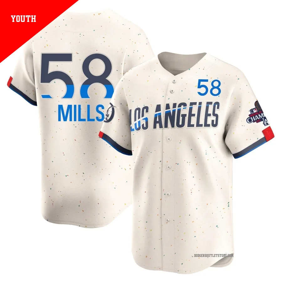 Los Angeles Dodgers ＃58 Wyatt Mills Youth Cream Limited 2024 City Connect World Series Champions Jersey