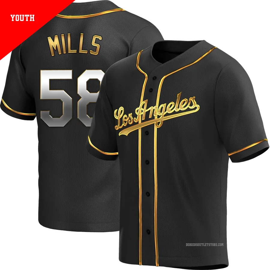 Los Angeles Dodgers ＃58 Wyatt Mills Youth Gold Replica Black en Alternate Jersey