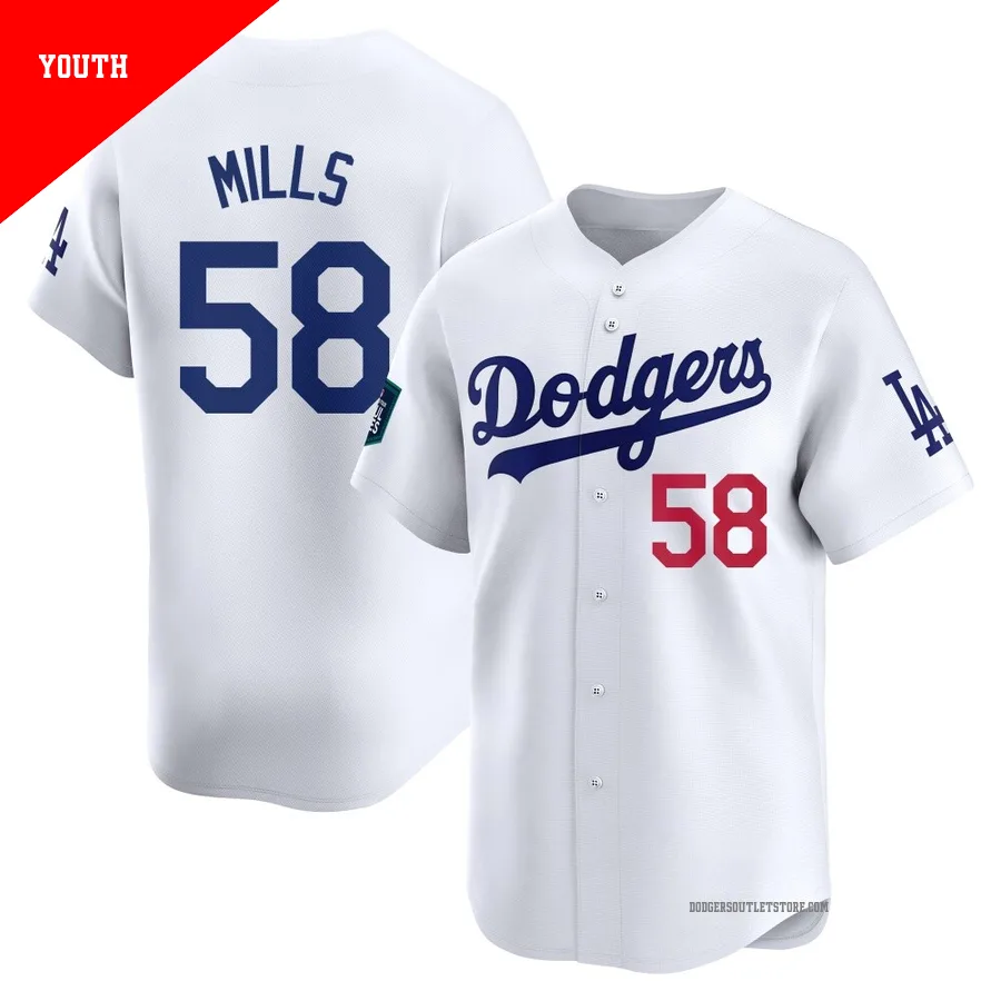 Los Angeles Dodgers ＃58 Wyatt Mills Youth White Limited 2024 World Tour Seoul Series Home Jersey