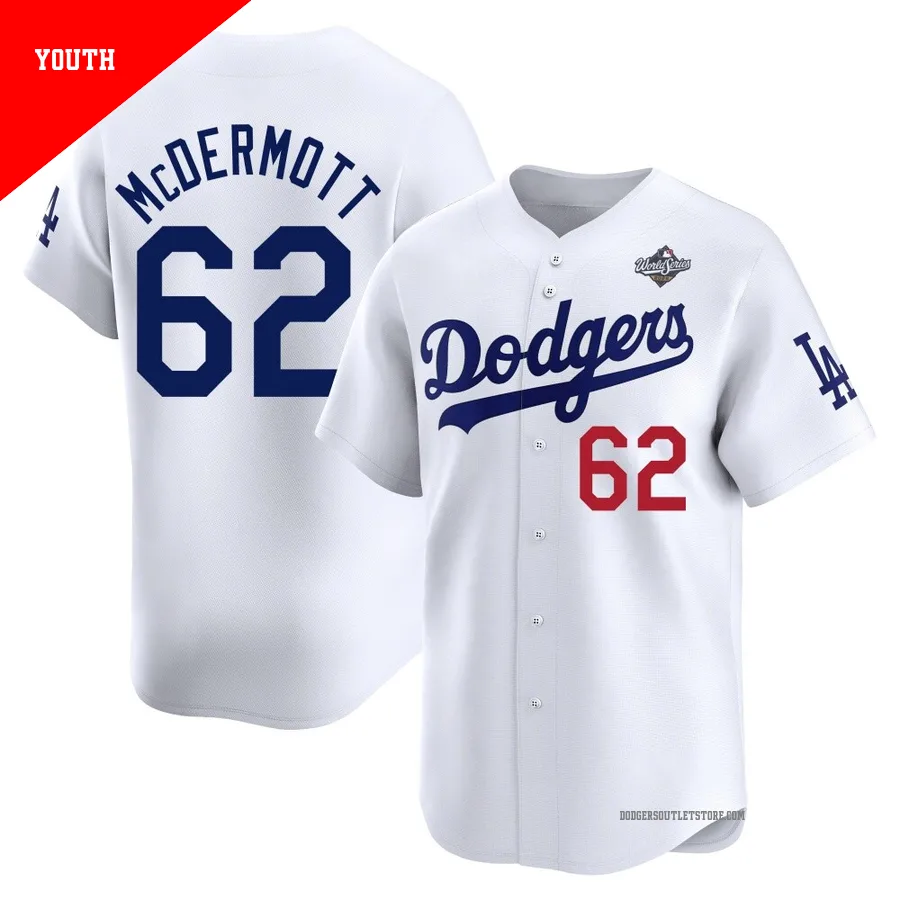 Los Angeles Dodgers ＃62 Chayce McDermott Youth White Limited Home 2025 World Series Jersey
