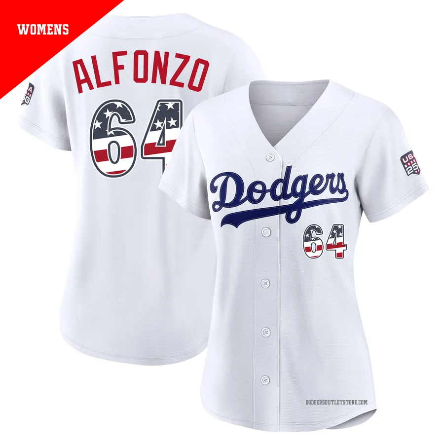 Los Angeles Dodgers ＃64 Eliezer Alfonzo Women's White Limited USA 250 Fourth Of July Home Stadium Jersey