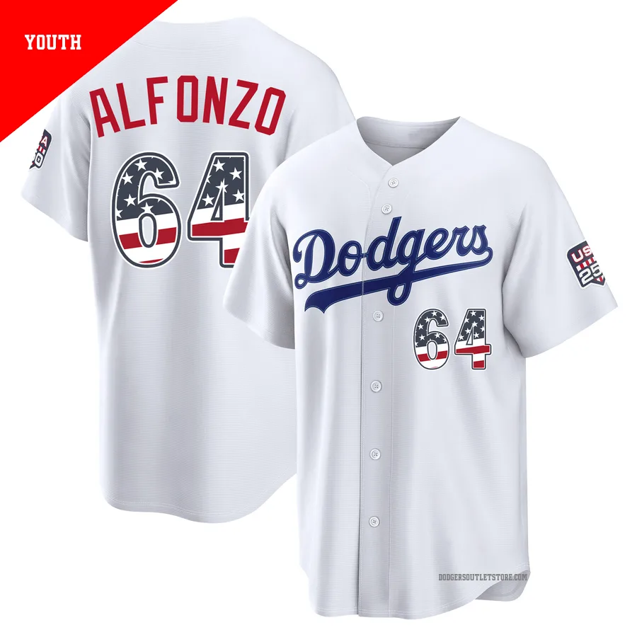 Los Angeles Dodgers ＃64 Eliezer Alfonzo Youth White Limited USA 250 Fourth Of July Home Stadium Jersey