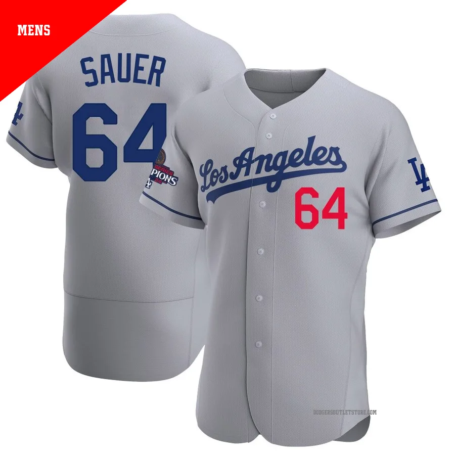 Los Angeles Dodgers ＃64 Matt Sauer Men's Gray Authentic Away Official 2024 World Series Champions Jersey